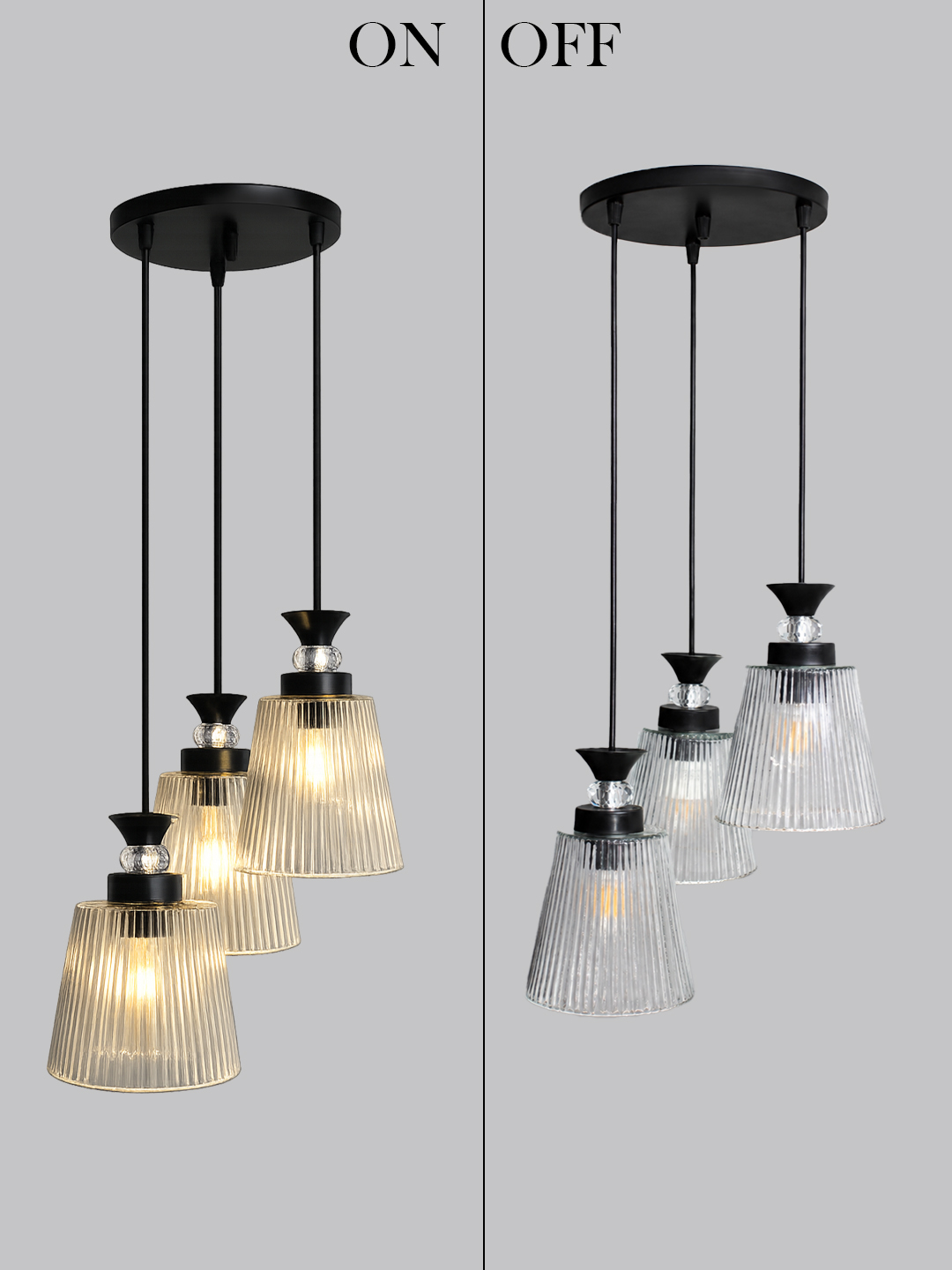 Modern Triple Glass Cluster Hanging Light Modern Triple Glass cluster hanging light with three clear ribbed glass shades and black metal ceiling mount.
