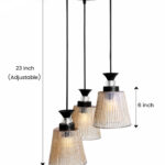 3-Light Ribbed Glass cluster hanging light with three clear ribbed shades, adjustable 23-inch height and black ceiling canopy.