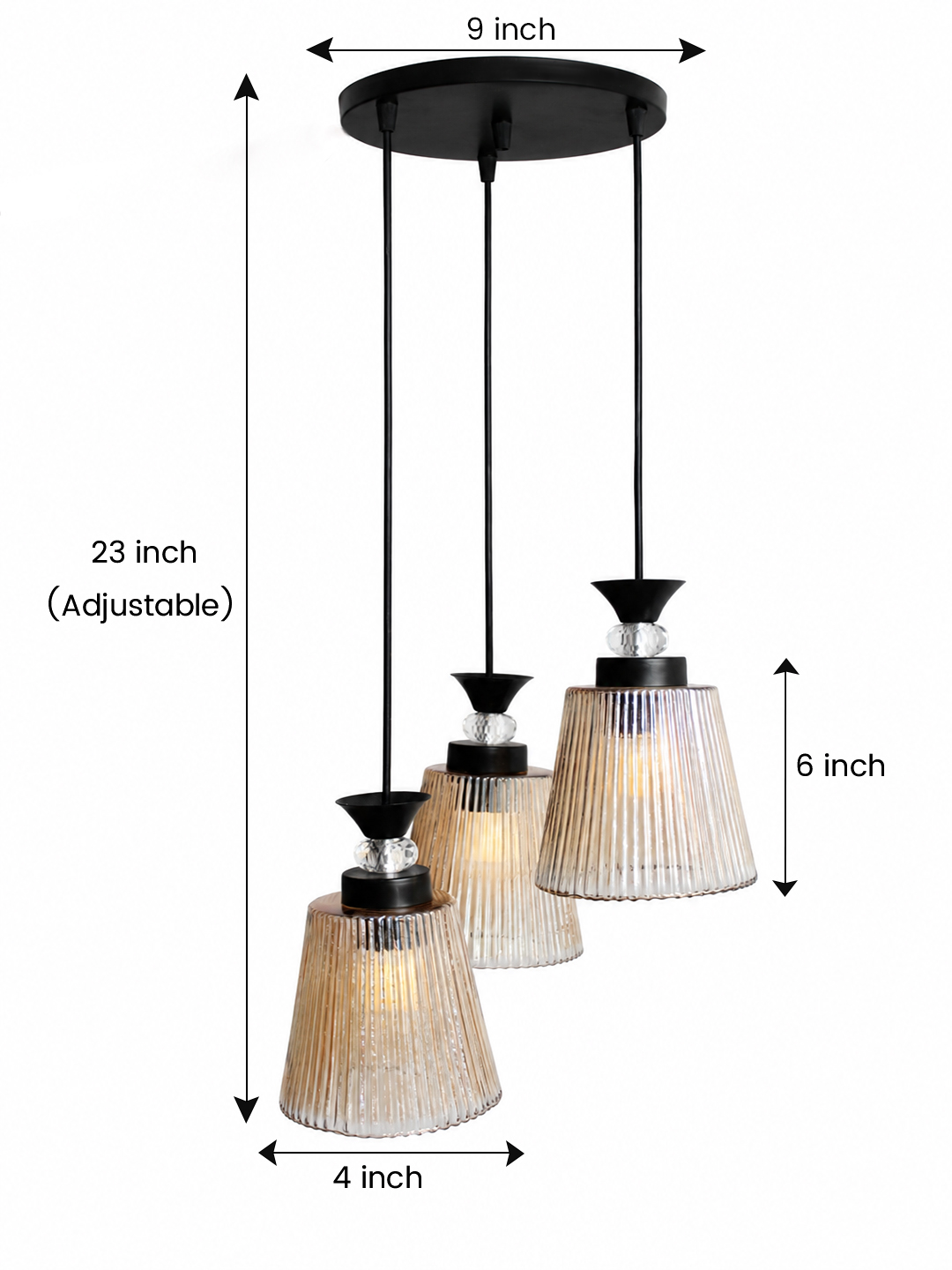 3-Light Ribbed Glass Cluster Hanging Light 3-Light Ribbed Glass cluster hanging light with three clear ribbed shades, adjustable 23-inch height and black ceiling canopy.