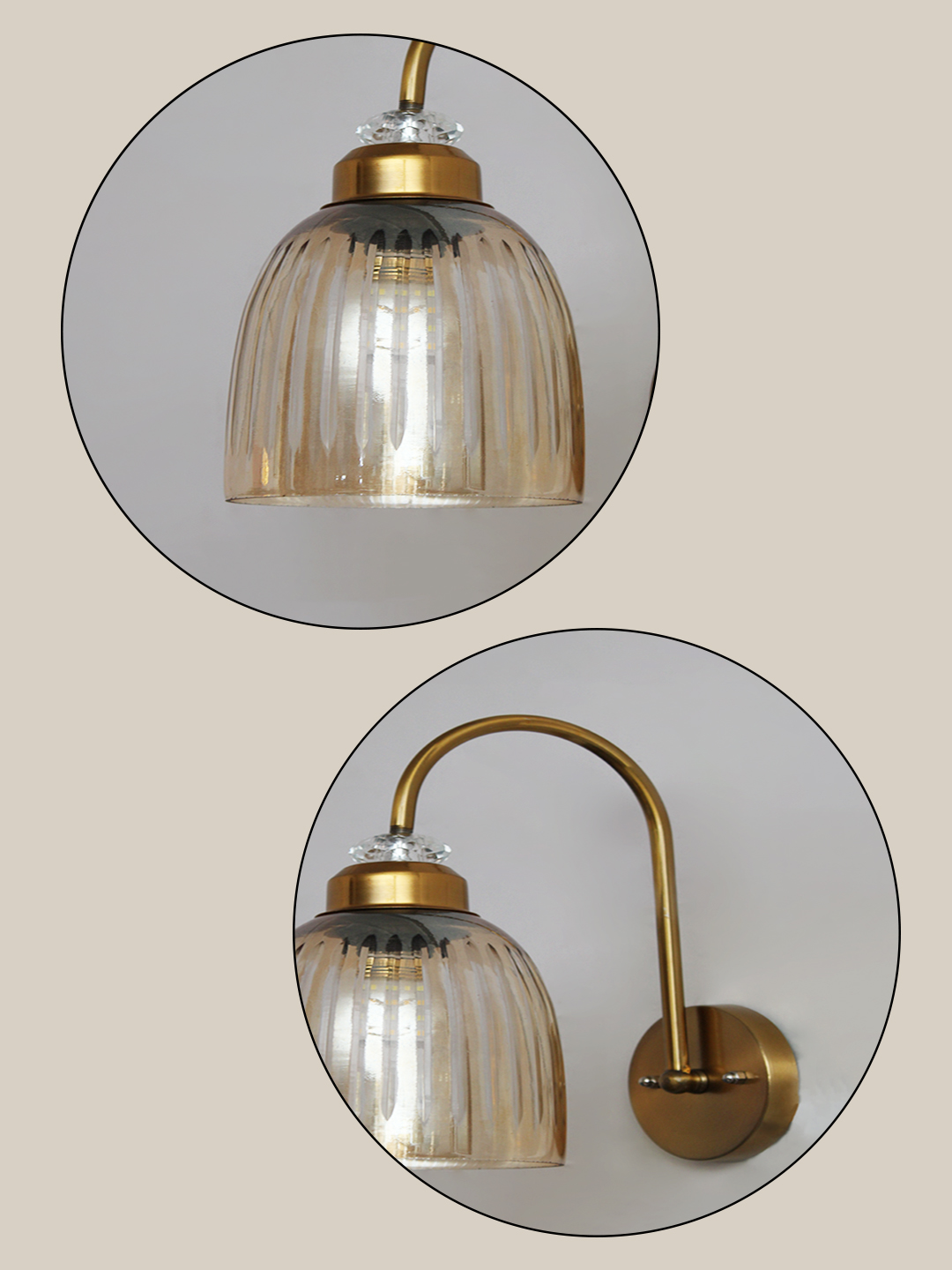 Antique Brass Amber Ribbed Glass Wall Light Antique brass wall light with amber ribbed glass shade and curved metal arm, shown with product dimensions.