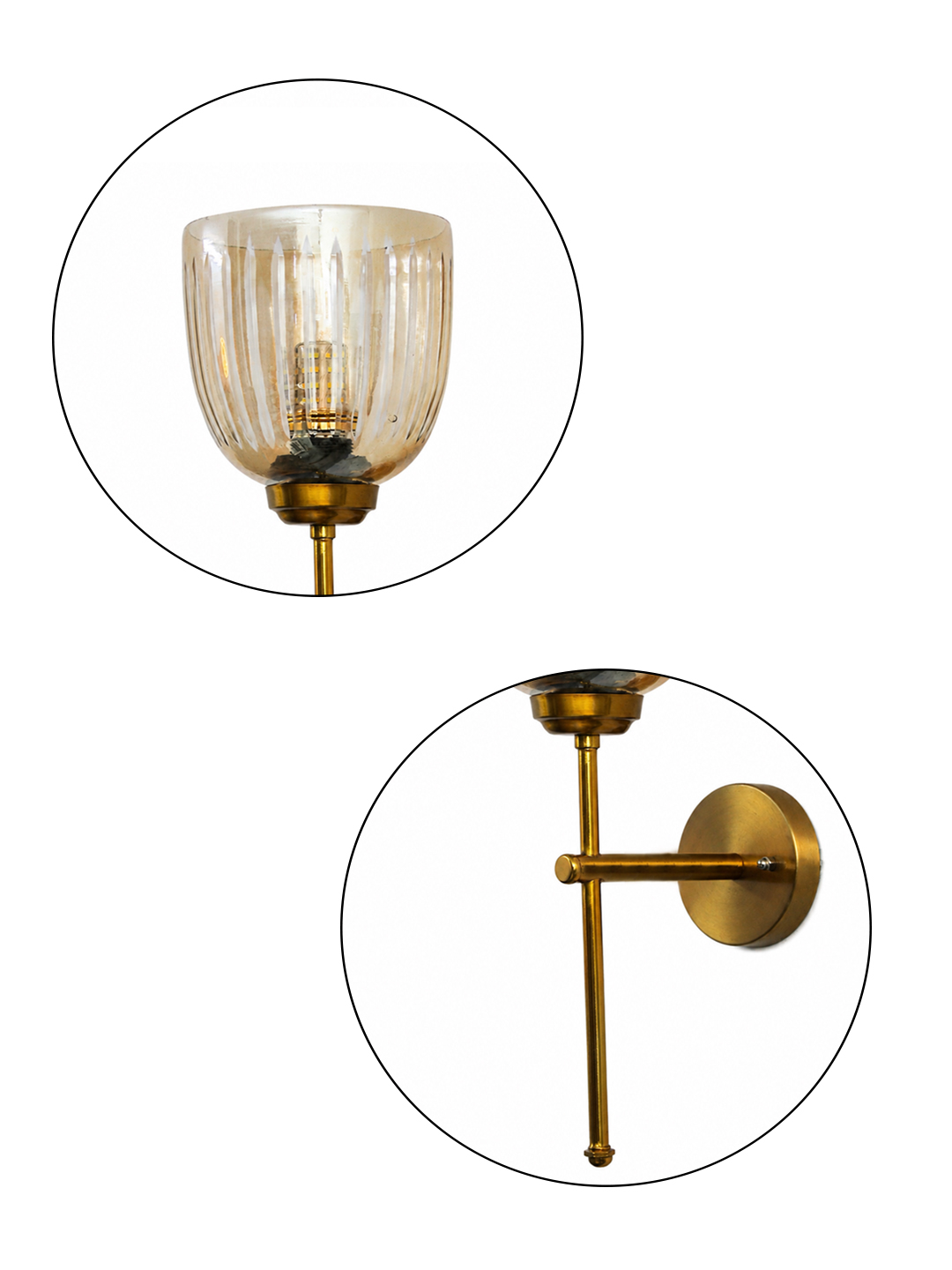 Antique Brass Fluted Glass Wall Sconce Antique brass wall light with amber ribbed glass shade and curved arm, shown with product dimensions.