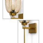 Brass finish wall light with ribbed glass shade, crystal accent and rectangular wall plate shown with product dimensions.