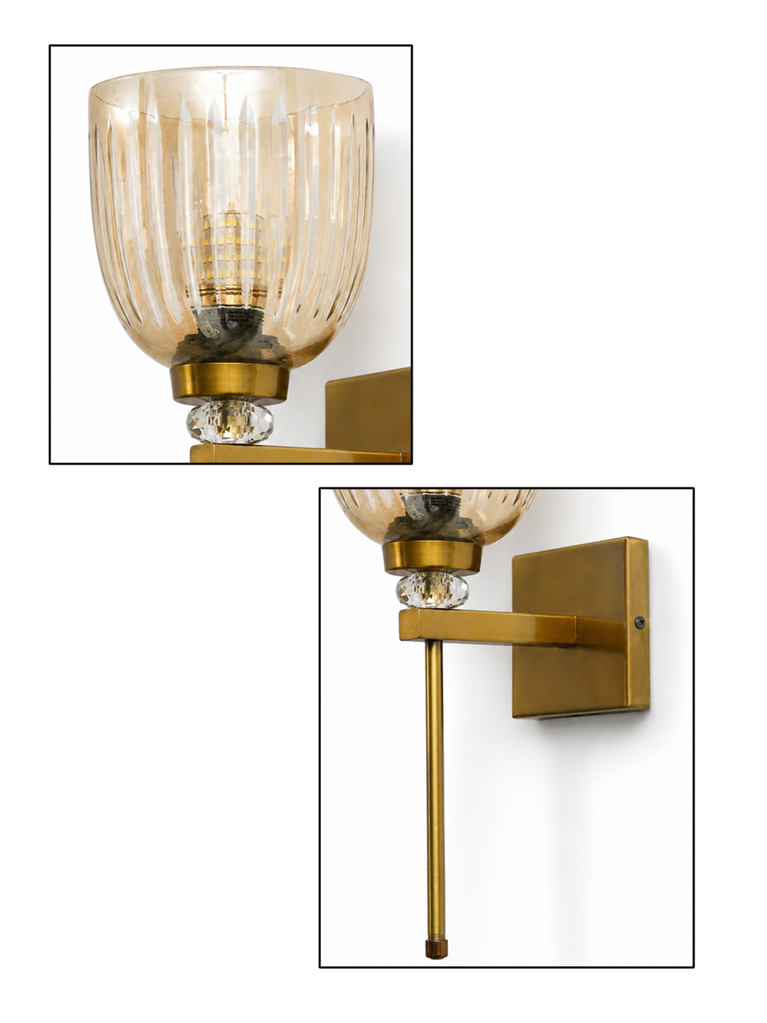 Brass Finish Ribbed Glass Wall Sconce Brass finish wall light with ribbed glass shade, crystal accent and rectangular wall plate shown with product dimensions.