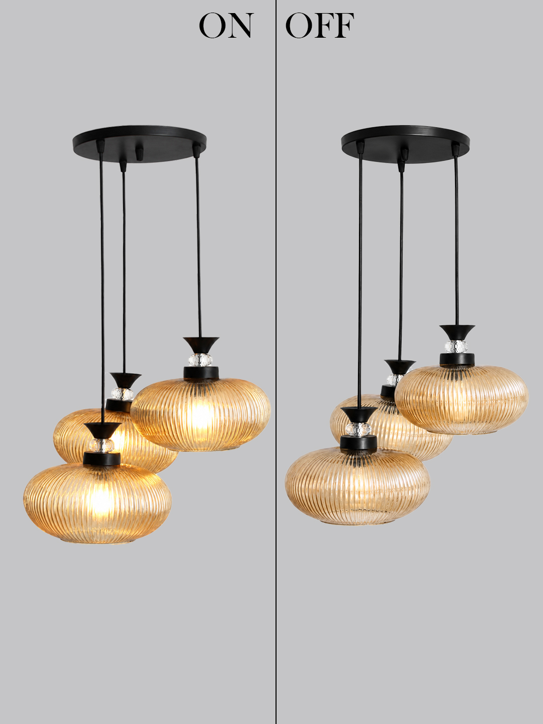 3-Light Amber Ribbed Glass Cluster Hanging Light Amber Ribbed Glass cluster hanging light with four textured glass pendant shades, black metal fittings, and layered design for modern interior lighting.