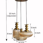 Ribbed Modern Ribbed Glass 3-light adjustable pendant ceiling light featuring three textured ribbed glass shades in different shapes, elegant golden metal holders, black hanging cords, 9-inch canopy, and up to 23-inch adjustable height.