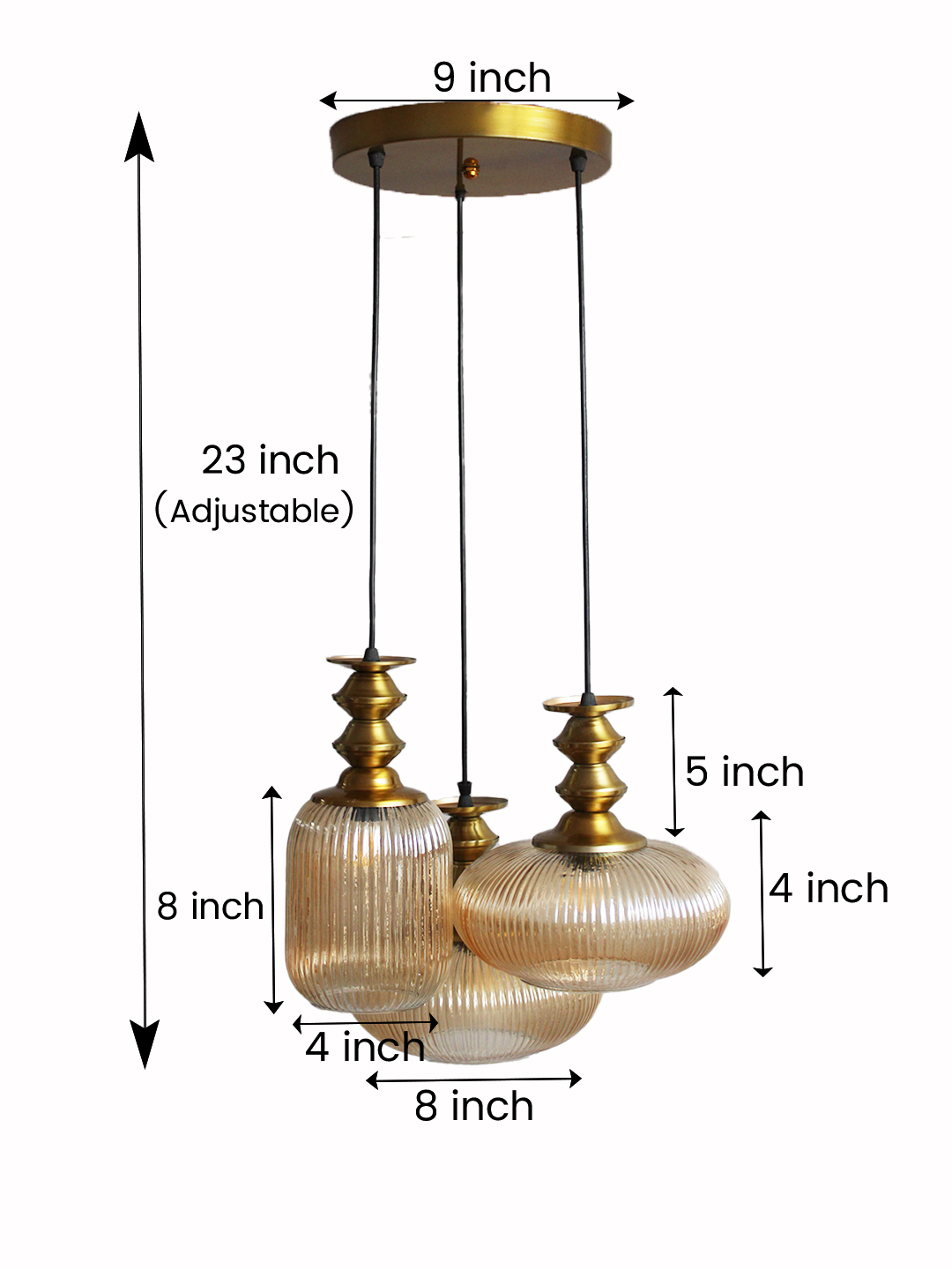Modern Ribbed Glass Cluster Hanging Light Ribbed Modern Ribbed Glass 3-light adjustable pendant ceiling light featuring three textured ribbed glass shades in different shapes, elegant golden metal holders, black hanging cords, 9-inch canopy, and up to 23-inch adjustable height.