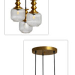 3-Light Ribbed Clear Glass adjustable pendant ceiling light with three 6-inch textured clear ribbed glass shades, decorative golden metal holders, black adjustable hanging cords, 9-inch circular canopy, and up to 23-inch adjustable height.
