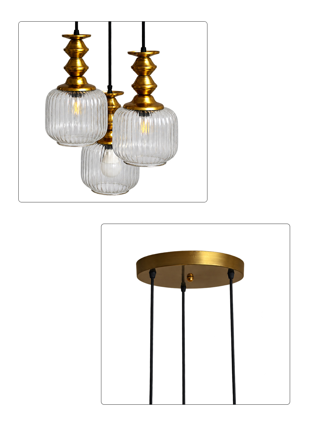 3-Light Ribbed Clear Glass Cluster Hanging Light 3-Light Ribbed Clear Glass adjustable pendant ceiling light with three 6-inch textured clear ribbed glass shades, decorative golden metal holders, black adjustable hanging cords, 9-inch circular canopy, and up to 23-inch adjustable height.