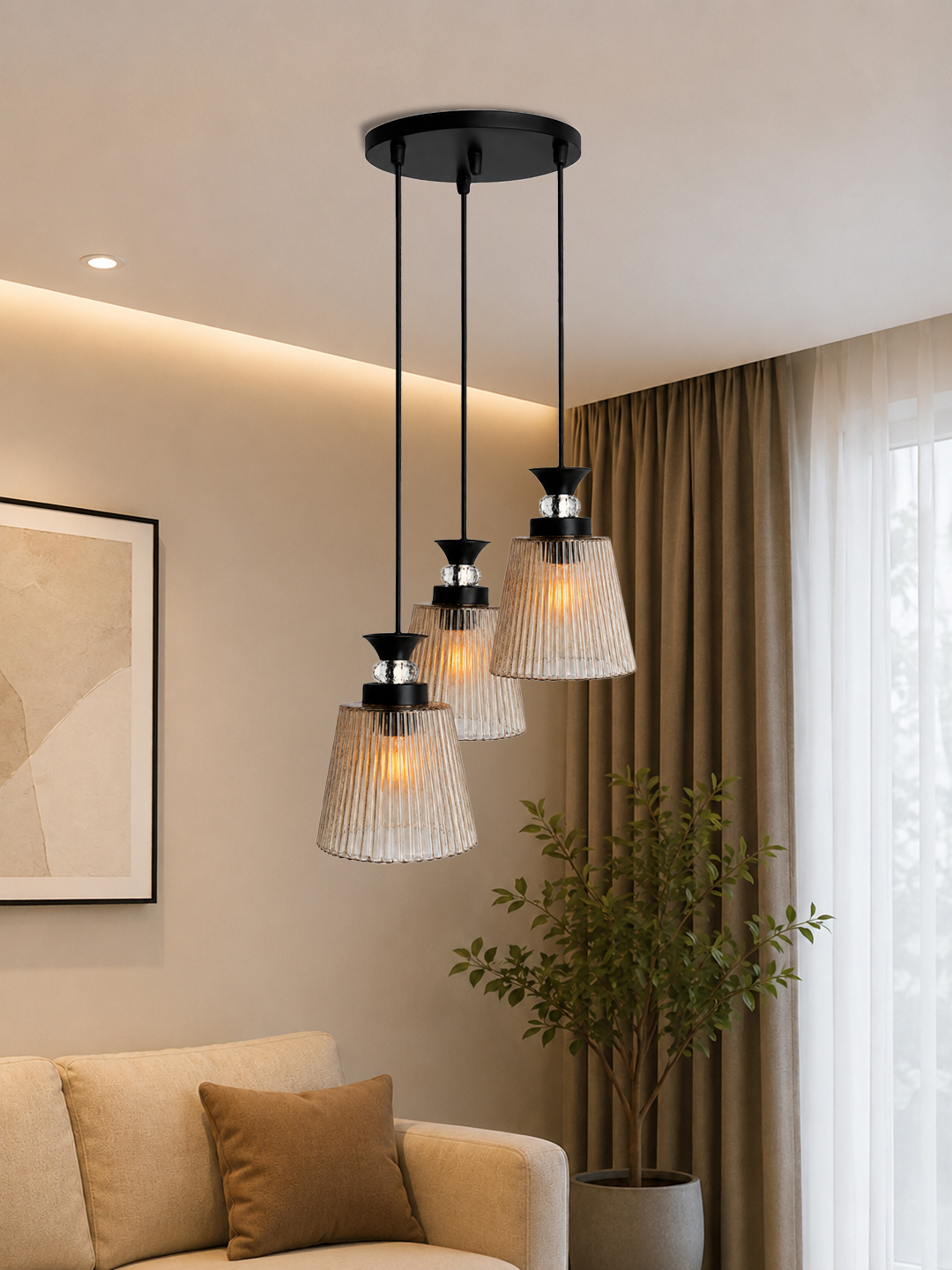 3-Light Ribbed Glass Cluster Hanging Light 3-Light Ribbed Glass cluster hanging light with three clear ribbed shades, adjustable 23-inch height and black ceiling canopy.