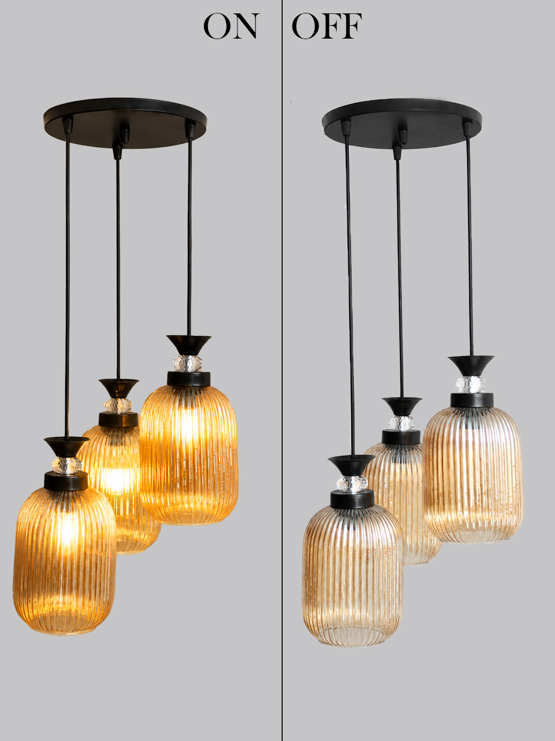 Decorative 3-Light Cluster Hanging Light Decorative 3-Light cluster hanging light with three amber ribbed glass shades and black adjustable ceiling mount.