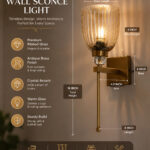 Brass finish wall light with ribbed glass shade, crystal accent and rectangular wall plate shown with product dimensions.