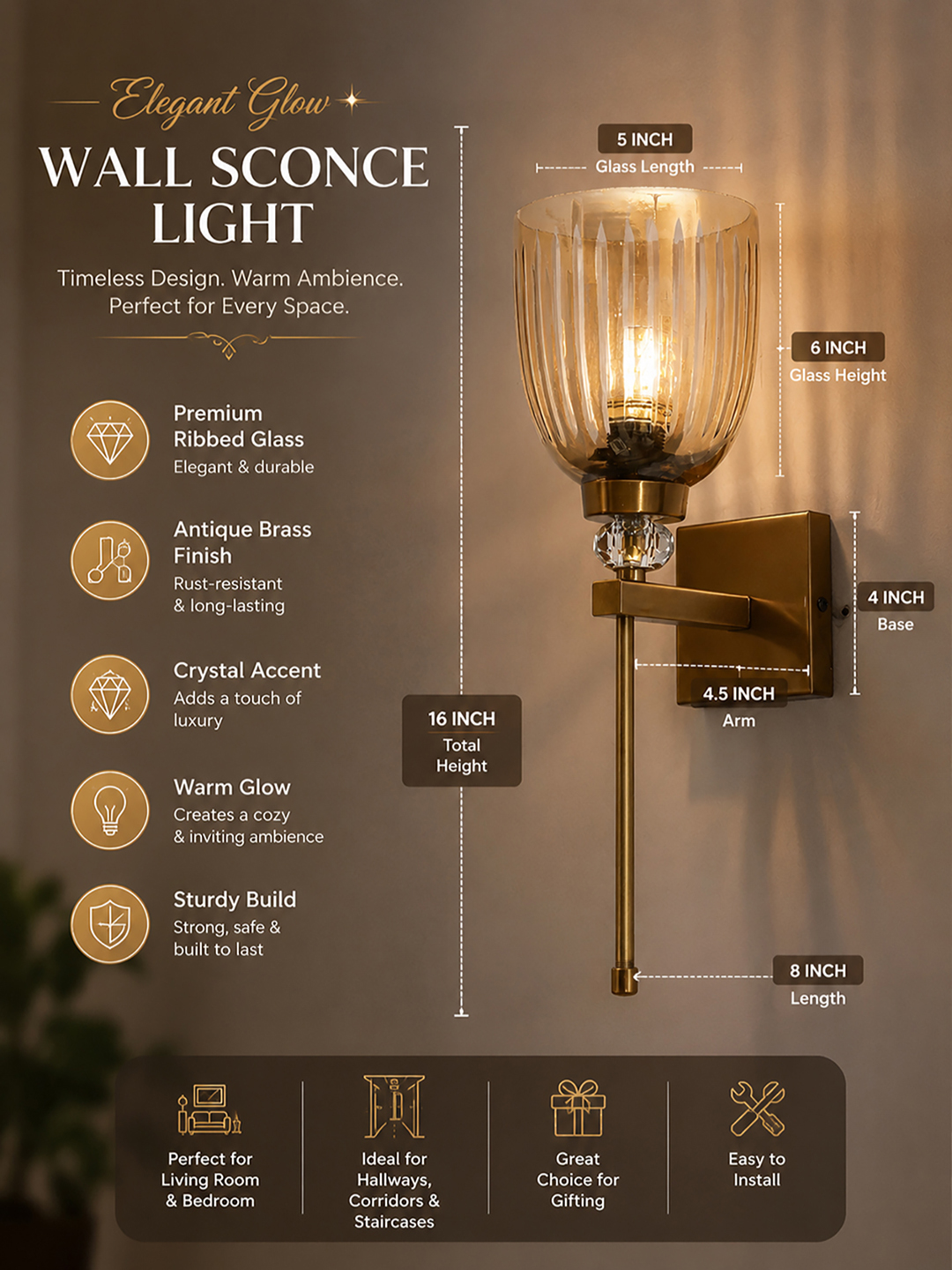 Brass Finish Ribbed Glass Wall Sconce Brass finish wall light with ribbed glass shade, crystal accent and rectangular wall plate shown with product dimensions.