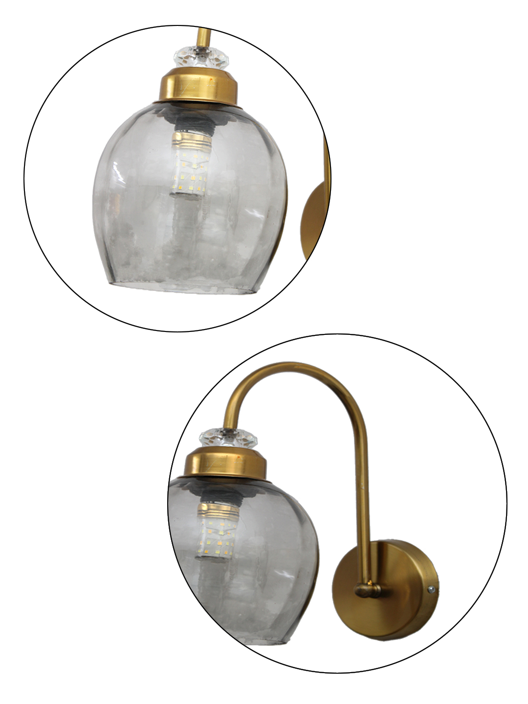 Antique Brass Smoked Glass Wall Sconce Antique brass smoked glass wall light with curved arm and round wall mount