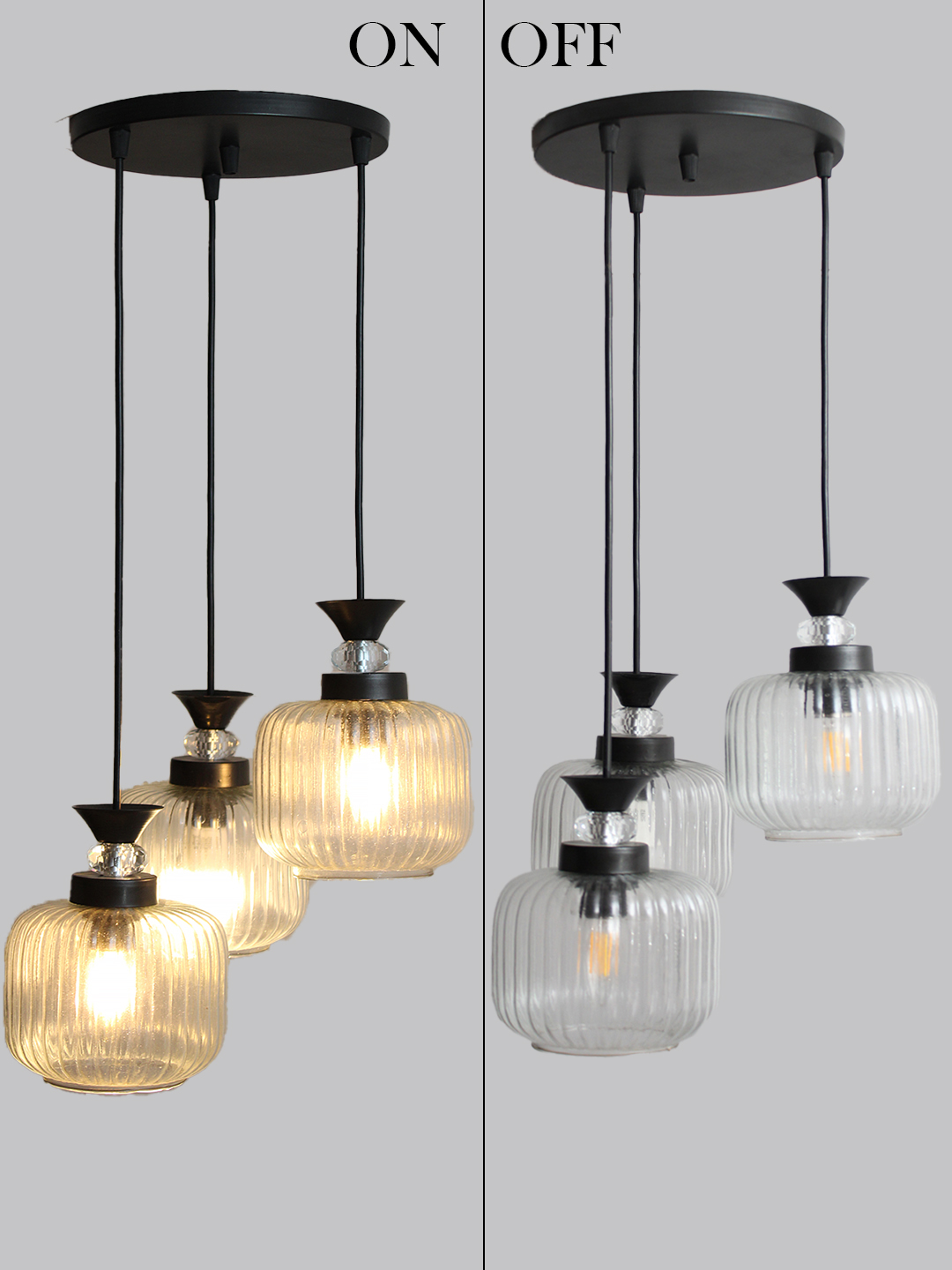 3-Light Clear Ribbed Glass Cluster Hanging Light Clear Ribbed Glass cluster hanging light with three pendant shades, black metal fittings, and adjustable drops for modern dining room and living room interiors.