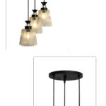 Modern Triple Glass cluster hanging light with three clear ribbed glass shades and black metal ceiling mount.