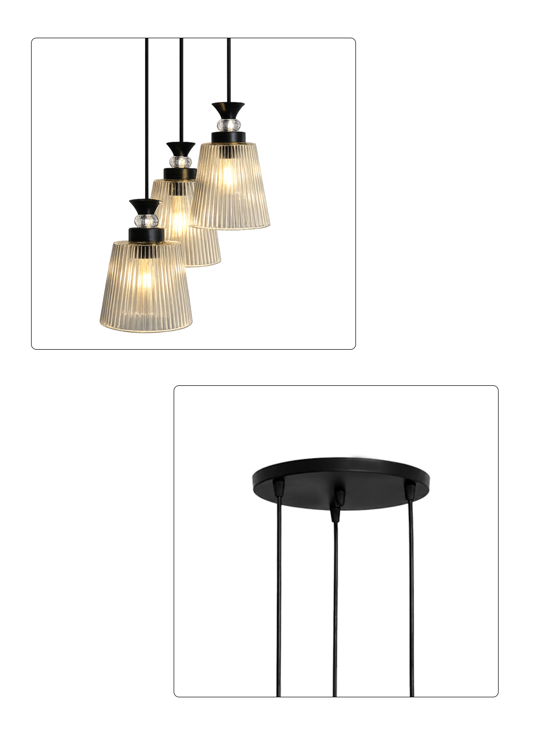 Modern Triple Glass Cluster Hanging Light Modern Triple Glass cluster hanging light with three clear ribbed glass shades and black metal ceiling mount.