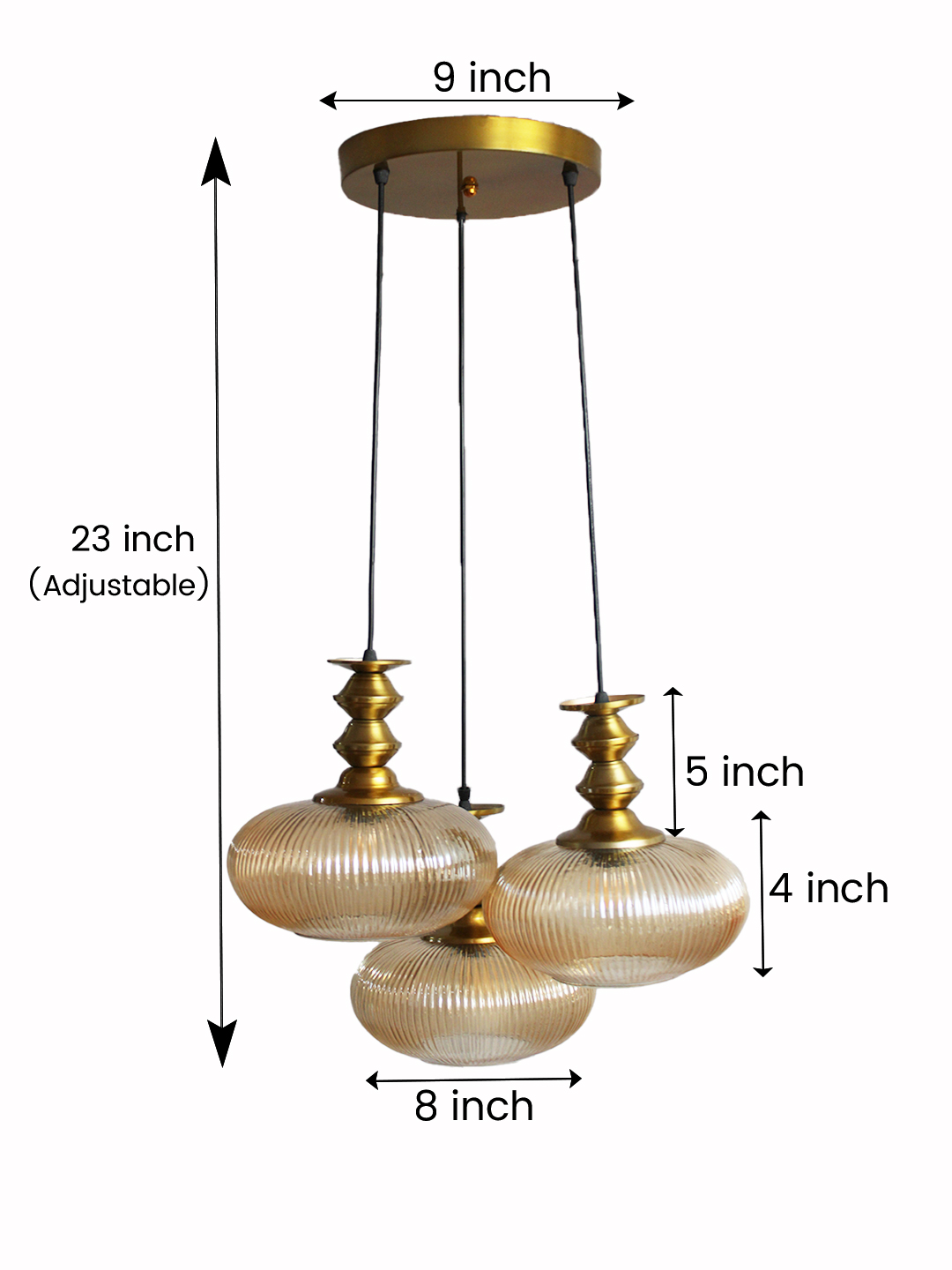 Ribbed Amber Kachori Glass Cluster Hanging Light Ribbed Amber Kachori Glass 3-light adjustable pendant ceiling light with three rounded textured amber ribbed glass shades, elegant golden metal holders, 9-inch ceiling canopy, and 23-inch adjustable hanging cords.