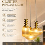 Ribbed Modern Ribbed Glass 3-light adjustable pendant ceiling light featuring three textured ribbed glass shades in different shapes, elegant golden metal holders, black hanging cords, 9-inch canopy, and up to 23-inch adjustable height.