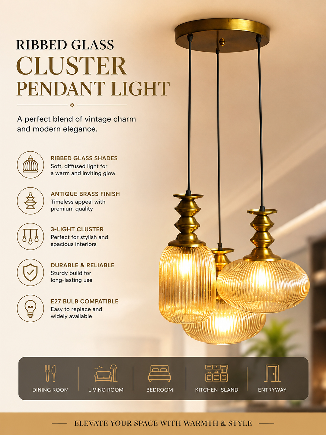 Modern Ribbed Glass Cluster Hanging Light Ribbed Modern Ribbed Glass 3-light adjustable pendant ceiling light featuring three textured ribbed glass shades in different shapes, elegant golden metal holders, black hanging cords, 9-inch canopy, and up to 23-inch adjustable height.