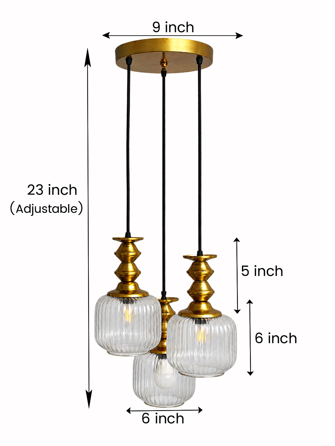 3-Light Ribbed Clear Glass Cluster Hanging Light 3-Light Ribbed Clear Glass adjustable pendant ceiling light with three 6-inch textured clear ribbed glass shades, decorative golden metal holders, black adjustable hanging cords, 9-inch circular canopy, and up to 23-inch adjustable height.