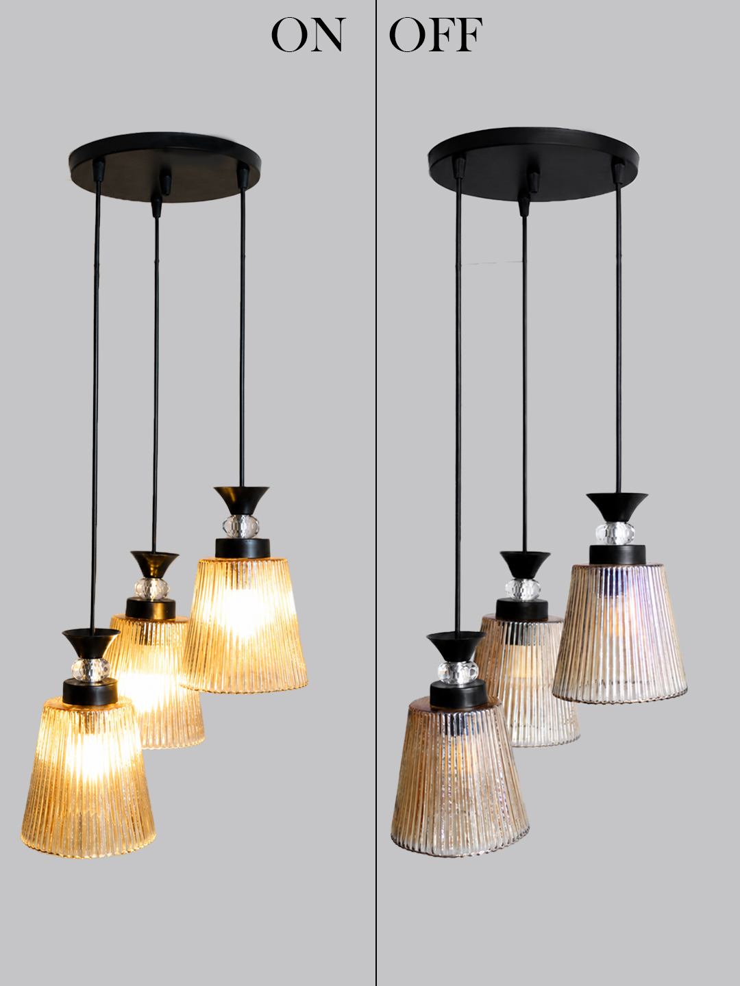 3-Light Ribbed Glass Cluster Hanging Light 3-Light Ribbed Glass cluster hanging light with three clear ribbed shades, adjustable 23-inch height and black ceiling canopy.