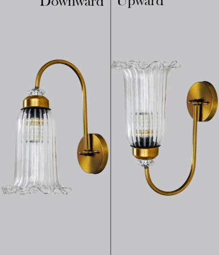 Antique brass fluted glass wall light with curved arm and decorative textured glass shade