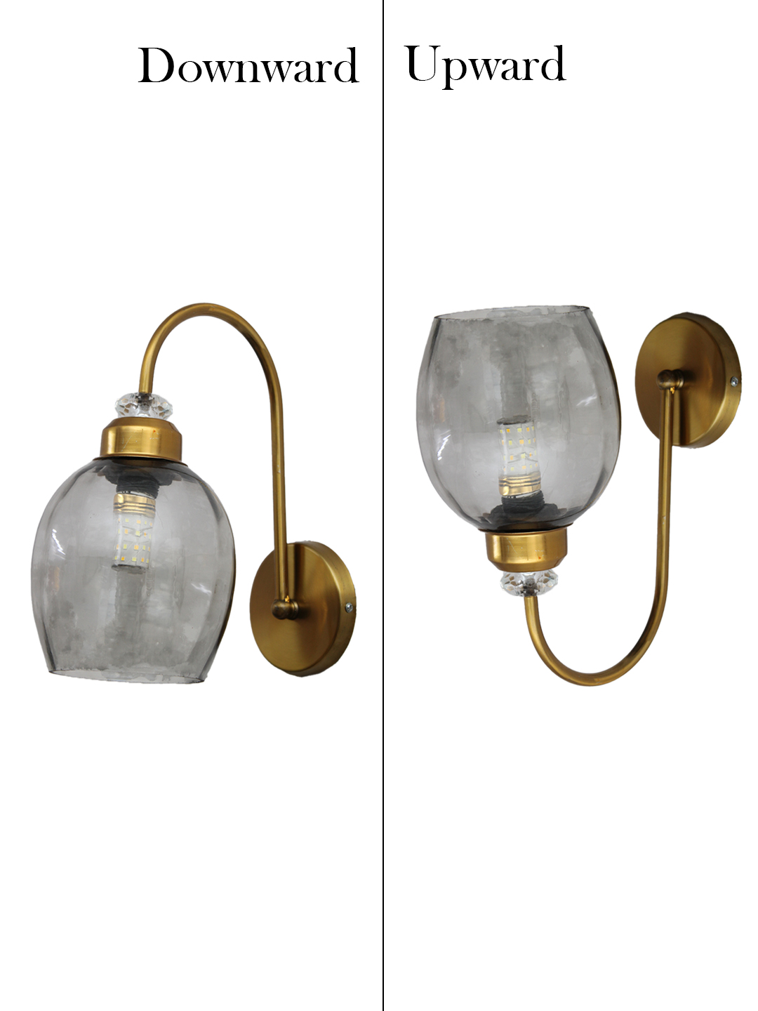 Antique Brass Smoked Glass Wall Sconce Antique brass smoked glass wall light with curved arm and round wall mount