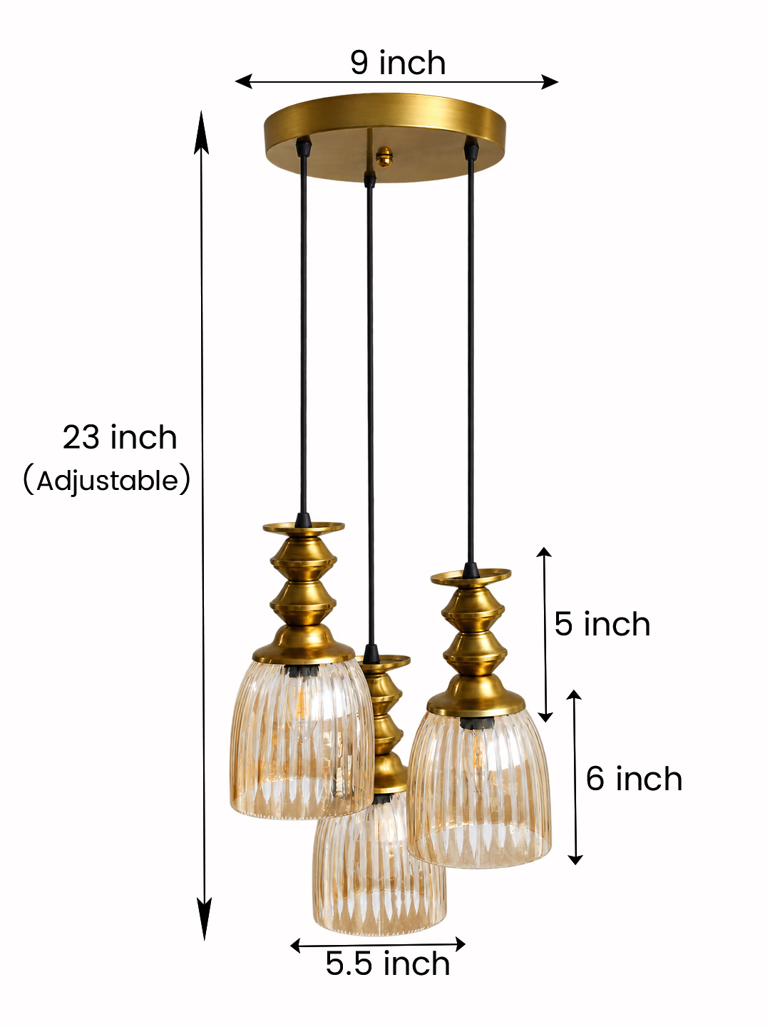 Ribbed Glass 3-Light Cluster Hanging Lamp Ribbed Glass 3-Light adjustable pendant ceiling light with three textured glass shades, golden metal accents, black adjustable cords, 9-inch canopy, and elegant modern hanging design.