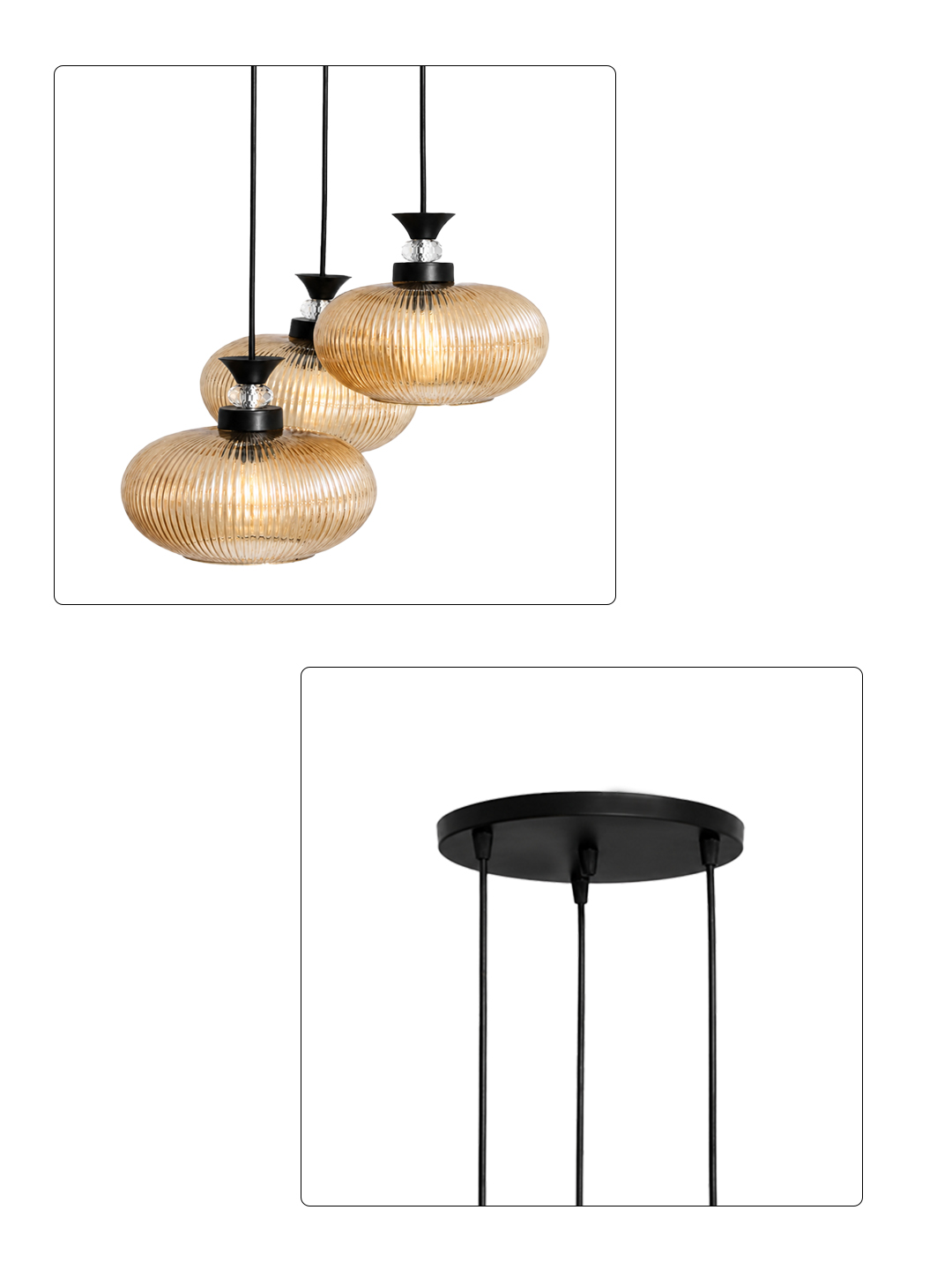3-Light Amber Ribbed Glass Cluster Hanging Light Amber Ribbed Glass cluster hanging light with four textured glass pendant shades, black metal fittings, and layered design for modern interior lighting.
