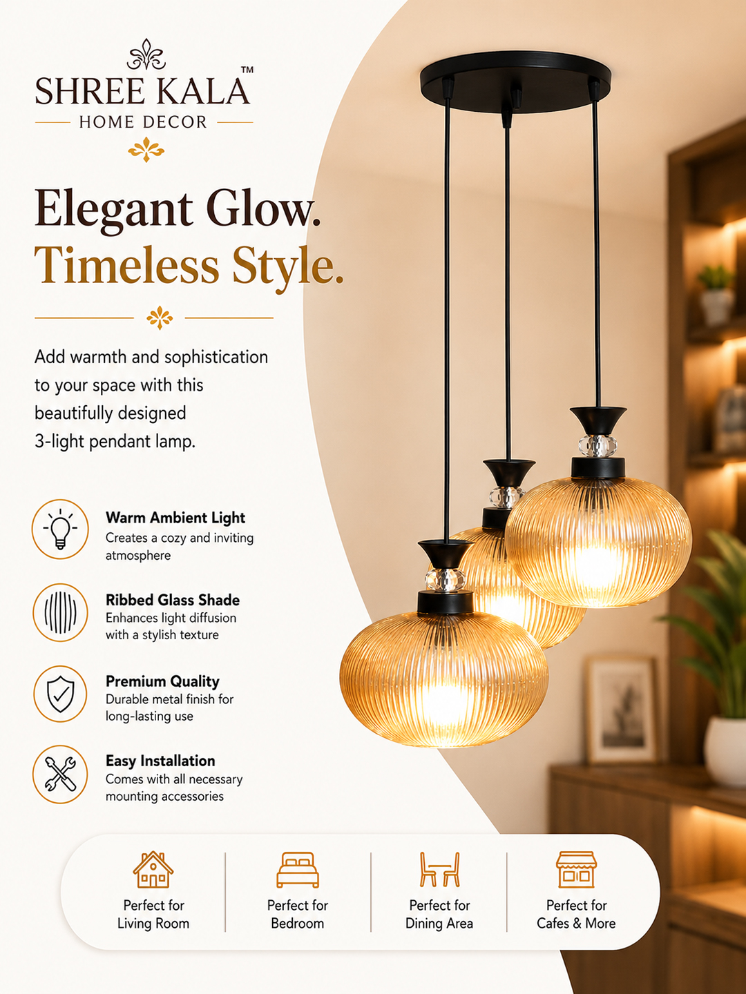 3-Light Amber Ribbed Glass Cluster Hanging Light Amber Ribbed Glass cluster hanging light with four textured glass pendant shades, black metal fittings, and layered design for modern interior lighting.