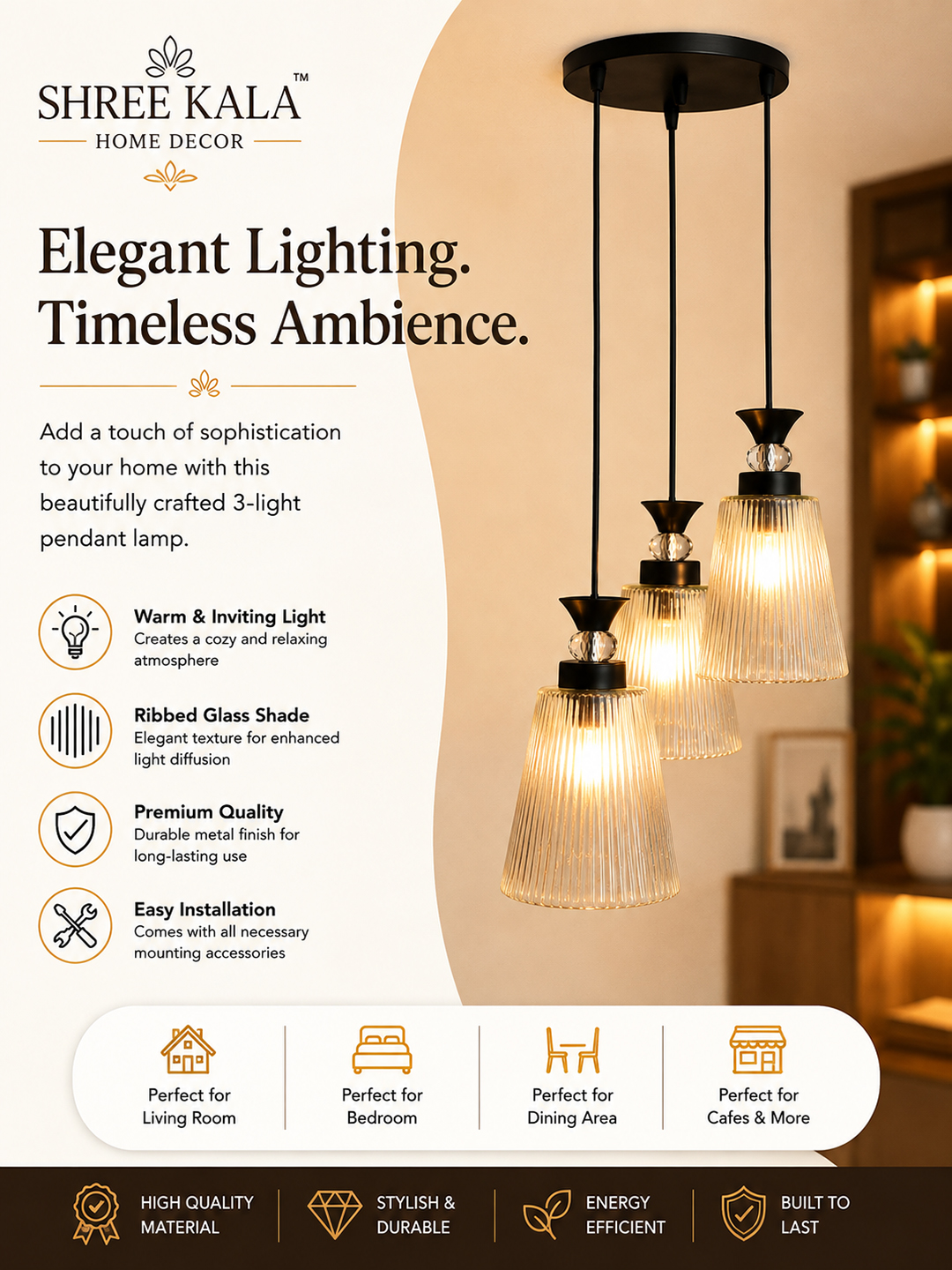 Modern Triple Glass Cluster Hanging Light Modern Triple Glass cluster hanging light with three clear ribbed glass shades and black metal ceiling mount.
