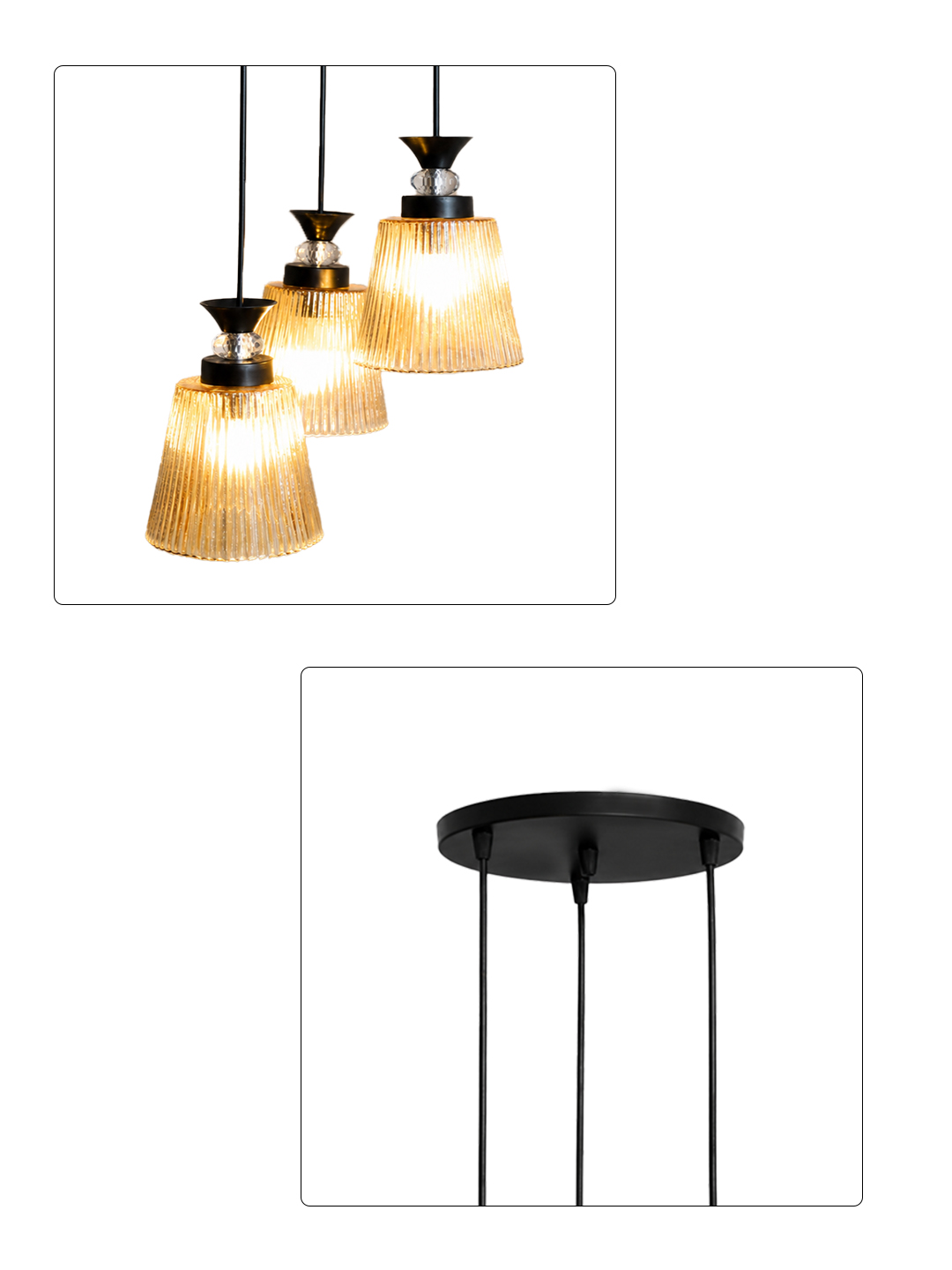 3-Light Ribbed Glass Cluster Hanging Light 3-Light Ribbed Glass cluster hanging light with three clear ribbed shades, adjustable 23-inch height and black ceiling canopy.