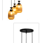 Decorative 3-Light cluster hanging light with three amber ribbed glass shades and black adjustable ceiling mount.