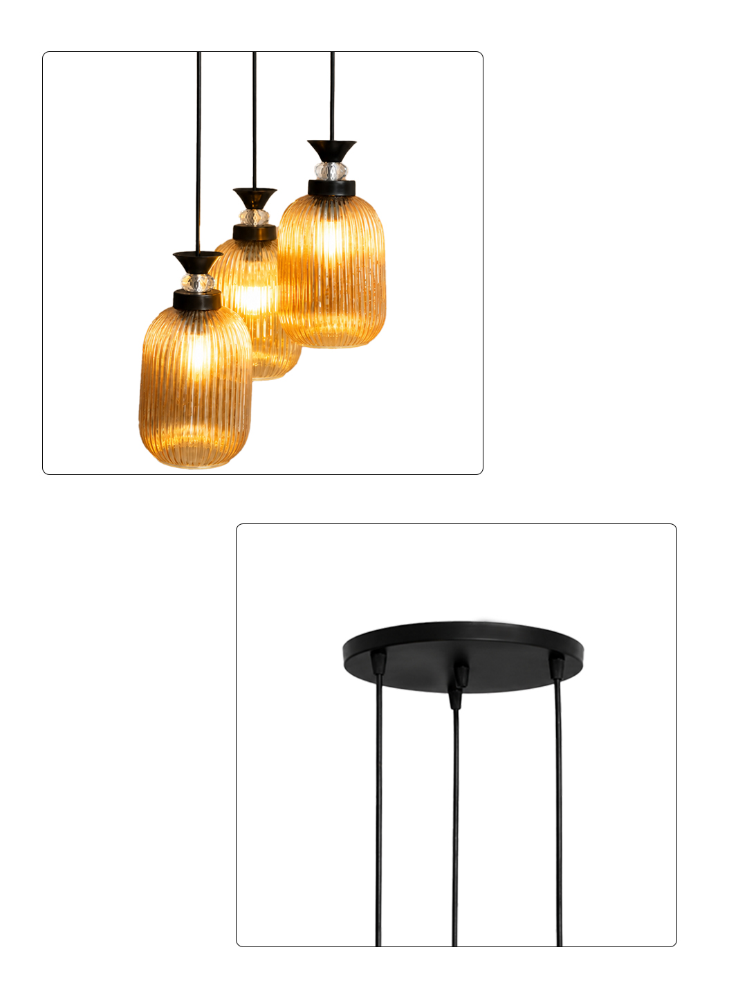 Decorative 3-Light Cluster Hanging Light Decorative 3-Light cluster hanging light with three amber ribbed glass shades and black adjustable ceiling mount.