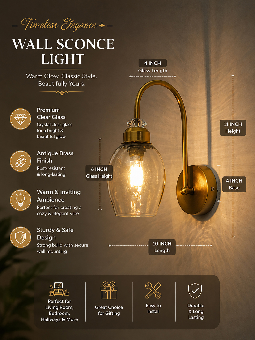 Antique Brass Smoked Glass Wall Sconce Antique brass smoked glass wall light with curved arm and round wall mount