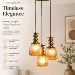Ribbed Glass 3-Light adjustable pendant ceiling light with three textured glass shades, golden metal accents, black adjustable cords, 9-inch canopy, and elegant modern hanging design.