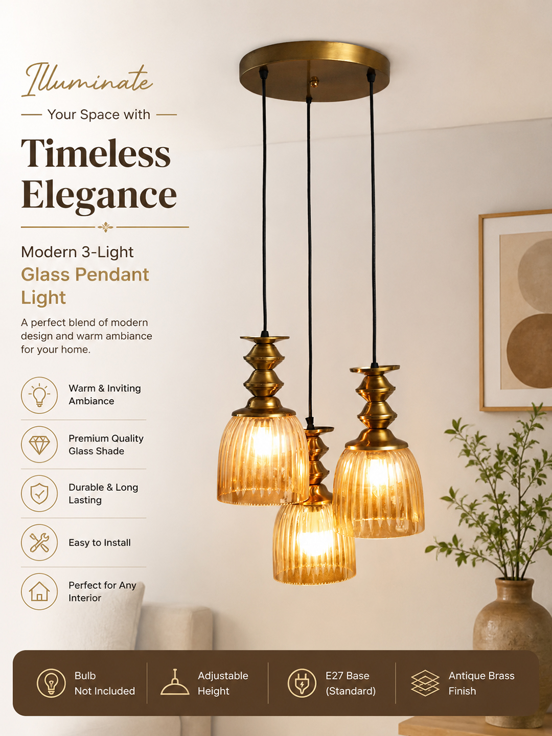 Ribbed Glass 3-Light Cluster Hanging Lamp Ribbed Glass 3-Light adjustable pendant ceiling light with three textured glass shades, golden metal accents, black adjustable cords, 9-inch canopy, and elegant modern hanging design.