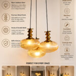 Ribbed Amber Kachori Glass 3-light adjustable pendant ceiling light with three rounded textured amber ribbed glass shades, elegant golden metal holders, 9-inch ceiling canopy, and 23-inch adjustable hanging cords.