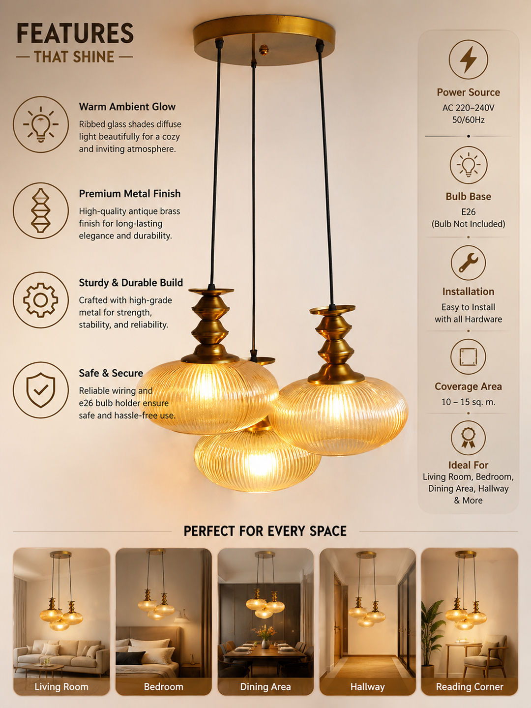 Ribbed Amber Kachori Glass Cluster Hanging Light Ribbed Amber Kachori Glass 3-light adjustable pendant ceiling light with three rounded textured amber ribbed glass shades, elegant golden metal holders, 9-inch ceiling canopy, and 23-inch adjustable hanging cords.