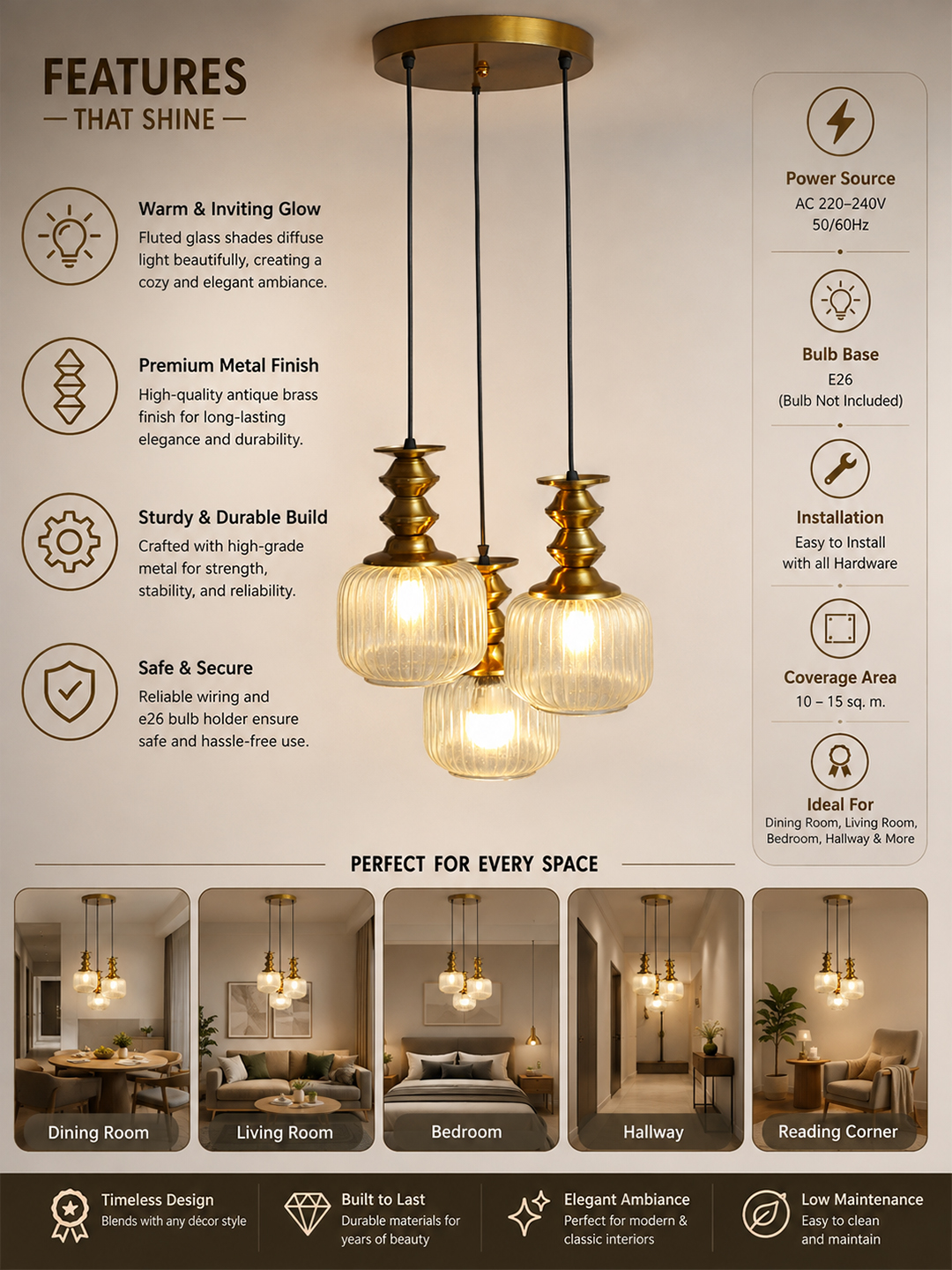 3-Light Ribbed Clear Glass Cluster Hanging Light 3-Light Ribbed Clear Glass adjustable pendant ceiling light with three 6-inch textured clear ribbed glass shades, decorative golden metal holders, black adjustable hanging cords, 9-inch circular canopy, and up to 23-inch adjustable height.