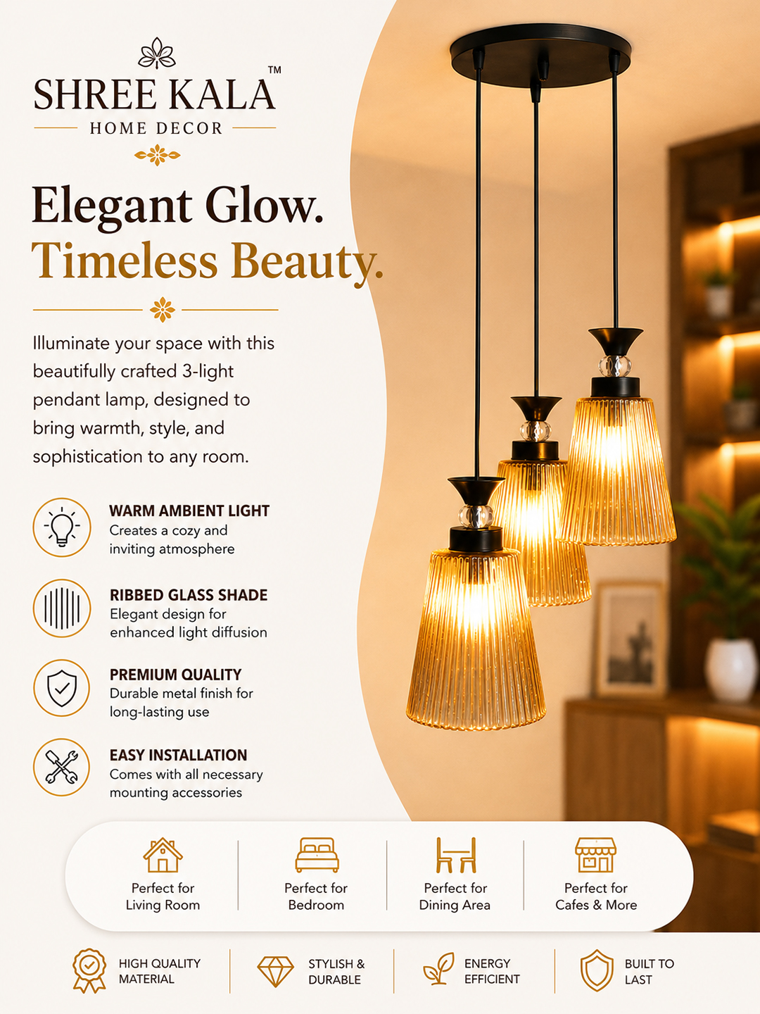 3-Light Ribbed Glass Cluster Hanging Light 3-Light Ribbed Glass cluster hanging light with three clear ribbed shades, adjustable 23-inch height and black ceiling canopy.