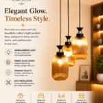 Decorative 3-Light cluster hanging light with three amber ribbed glass shades and black adjustable ceiling mount.