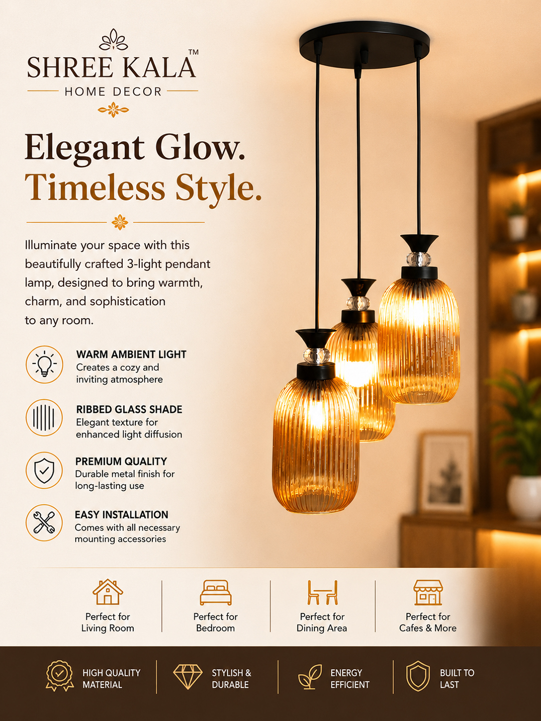 Decorative 3-Light Cluster Hanging Light Decorative 3-Light cluster hanging light with three amber ribbed glass shades and black adjustable ceiling mount.
