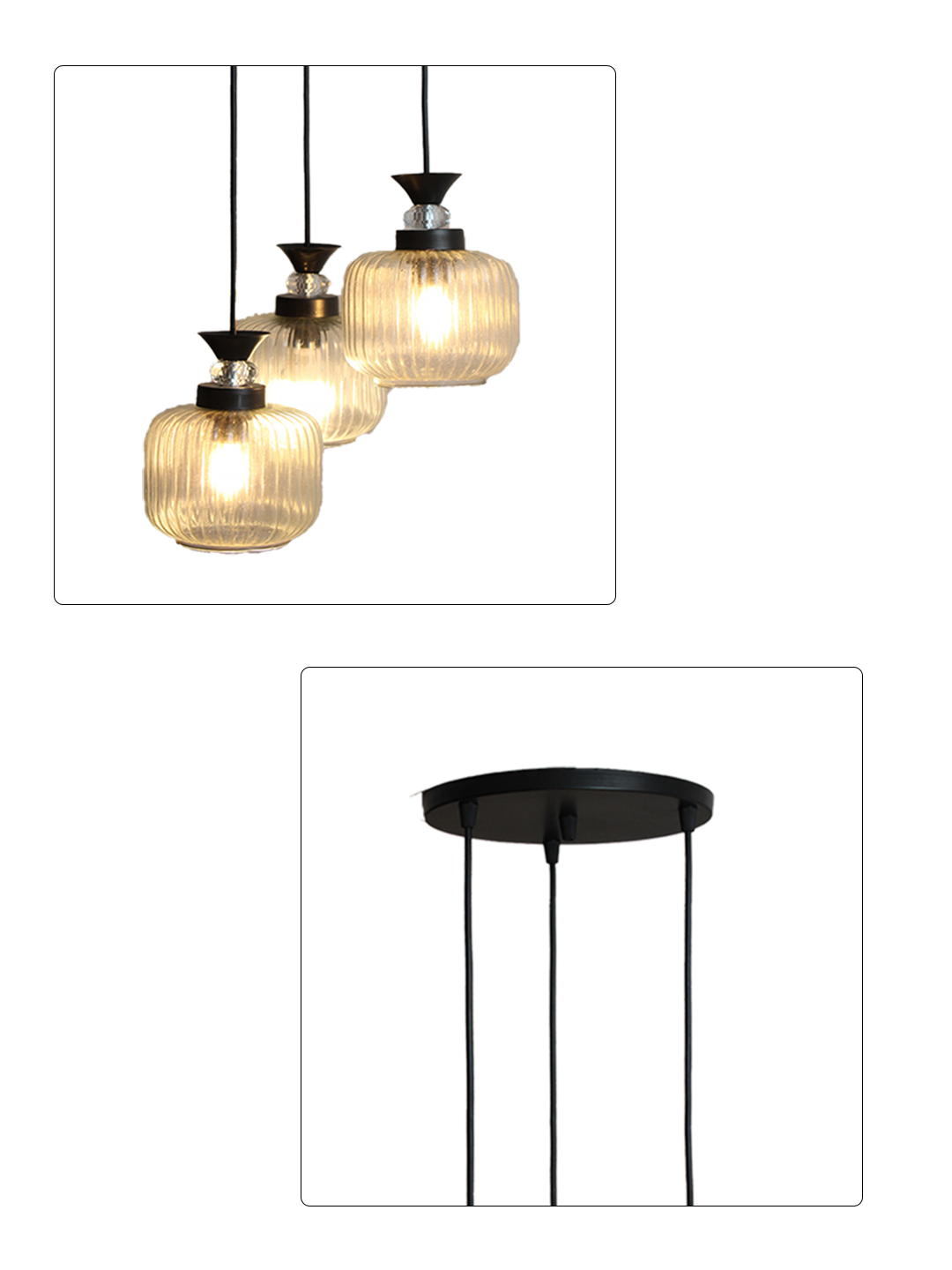 3-Light Clear Ribbed Glass Cluster Hanging Light Clear Ribbed Glass cluster hanging light with three pendant shades, black metal fittings, and adjustable drops for modern dining room and living room interiors.