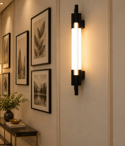 Black vertical LED wall light with multiple white diffusers and slim modern design