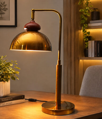 Gold Brass Table Lamp with vintage dome shade, curved brass arm, and round base, 15 inches tall with an 8-inch shade.
