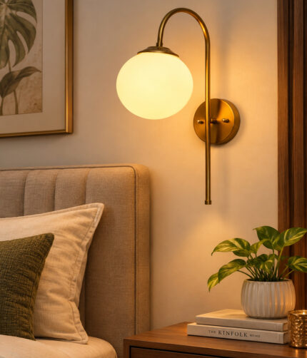 Gold finish wall light with Round White Glass globe and curved arm for modern home decor