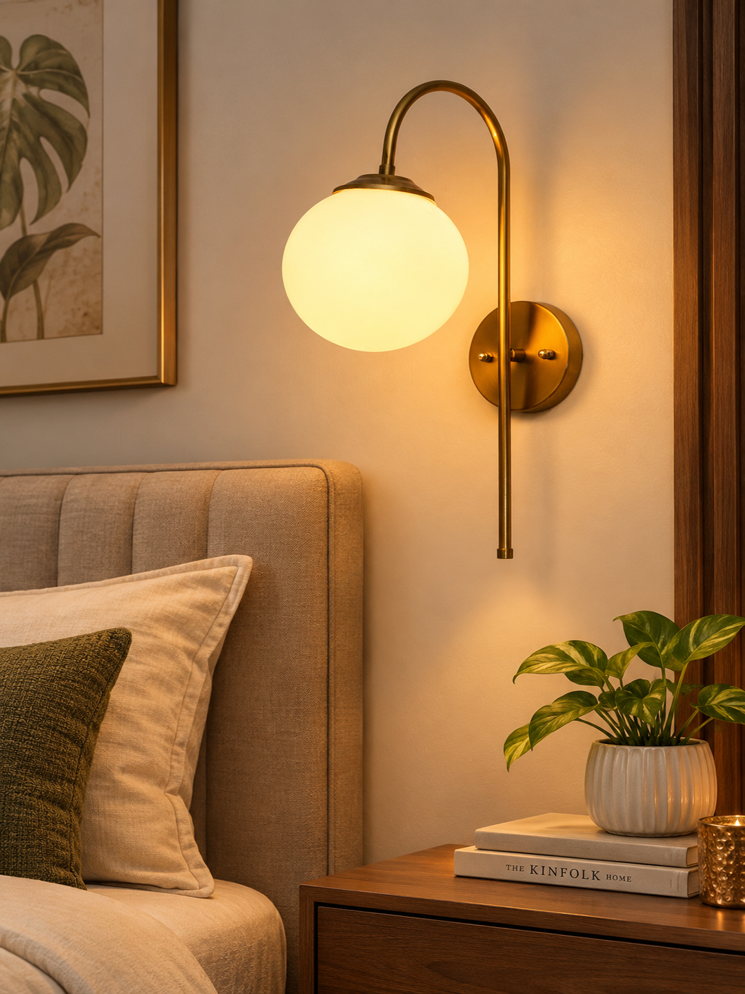 Wall Light Gold Finish with Globe Milky White Glass Gold finish wall light with Round White Glass globe and curved arm for modern home decor