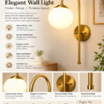 Gold finish wall light with Round White Glass globe and curved arm for modern home decor