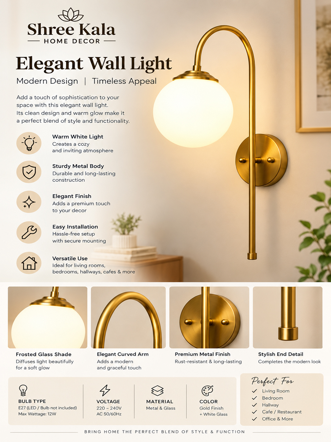 Wall Light Gold Finish with Globe Milky White Glass Gold finish wall light with Round White Glass globe and curved arm for modern home decor